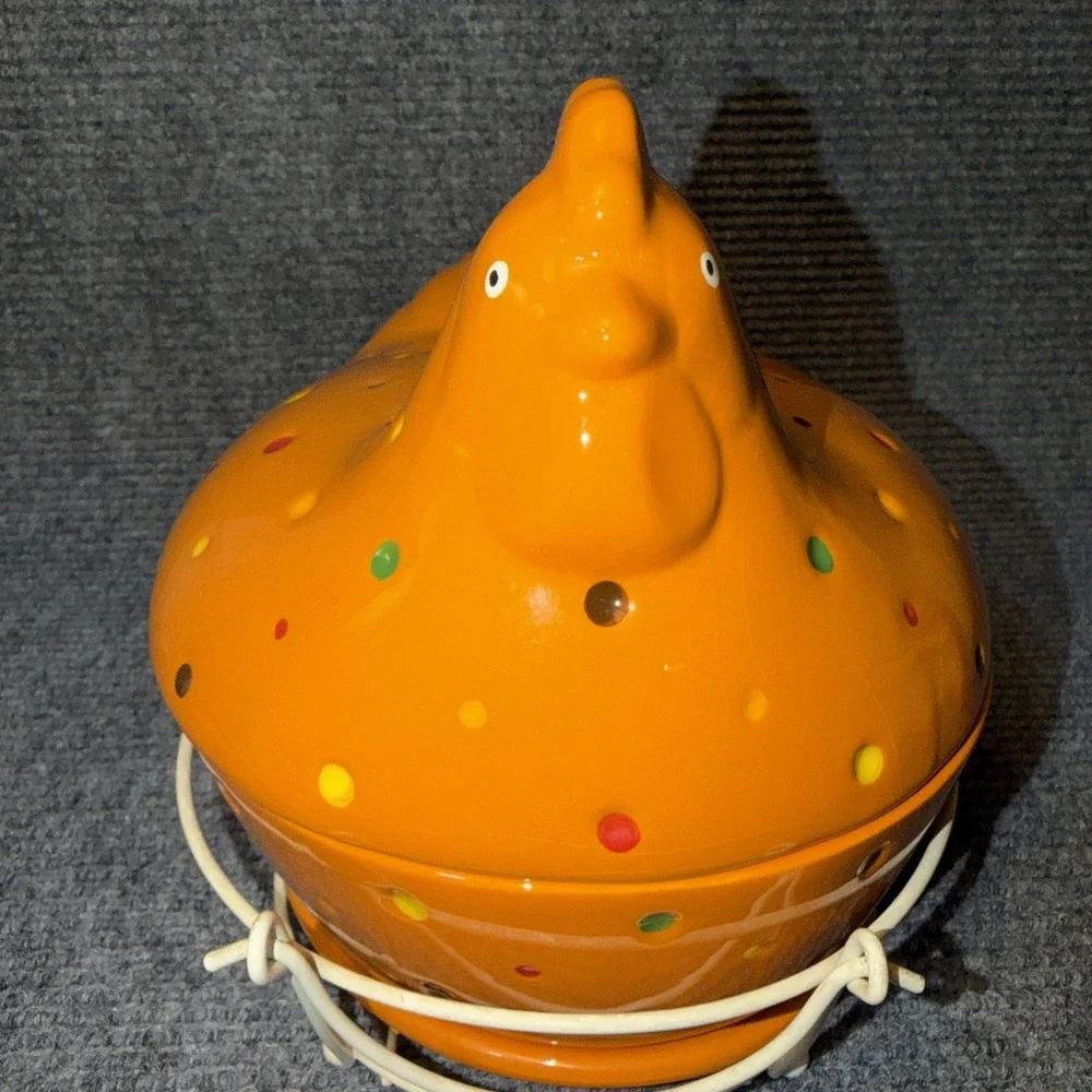 3Pc Temptations By Tara Orange Polka-Dot Hen Chicken Ovenware Basket Lid